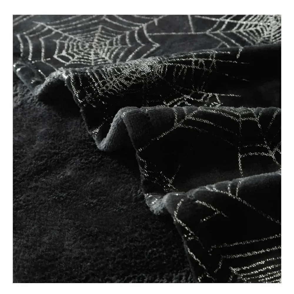 Halloween velvet plush throw blanket- Black w Silver Metallic Spiderwebs- 50x60